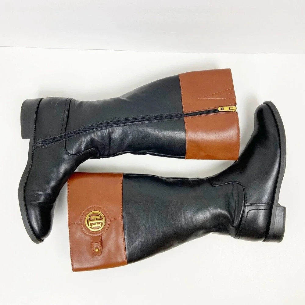 Tommy Hilfiger Black and Brown Over-the-Knee Leather Boots